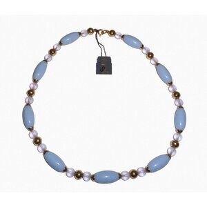 Vtg Trifari Pale Blue Oval Glass Gold Tone Beaded Necklace 18" Costume Jewelry